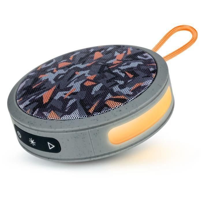 BIGBEN Party - Altavoz Bluetooth redondo con correa y efectos de luz - 15W - Camuflaje gris y naranja 1 BIGBEN Party - Altavoz Bluetooth redondo con correa y efectos de luz - 15W - Camuflaje gris y naranja 1