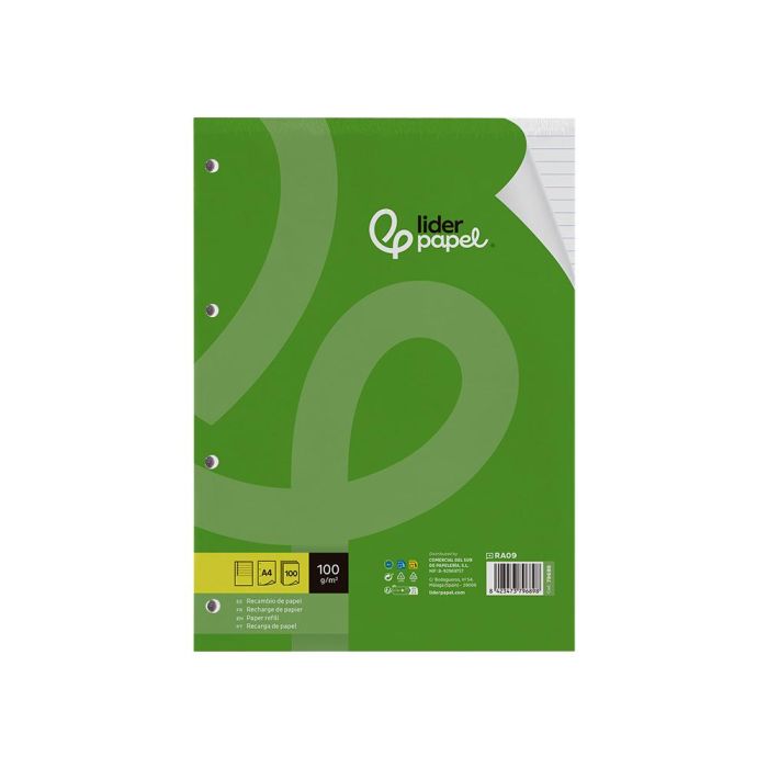 Recambio Liderpapel A4 100 Hojas 100 gr-M2 Rayado Horizontal Con Margen 4 Taladros 24 unidades 1