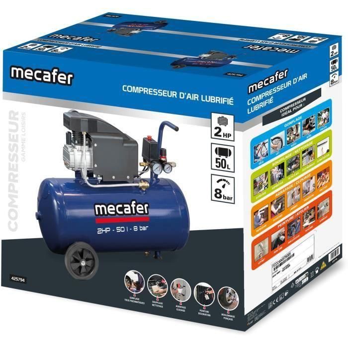 Mecafer 425794 Compresor de aire de 50 litros, 2 HP y 8 bar de presión, azul 2 Mecafer 425794 Compresor de aire de 50 litros, 2 HP y 8 bar de presión, azul 2