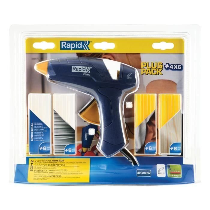 Pistola de pegamento para cola Ø 12mm - RAPID - EG212 - Blister + 4 tipos de cola 1 Pistola de pegamento para cola Ø 12mm - RAPID - EG212 - Blister + 4 tipos de cola 1