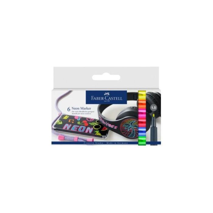 FABER-CASTELL Neon Marker 6 unidades Surtido colores: Azul, Verde, Naranja, Rojo, Violeta, Amarillo. Punta 1.5mm. En caja