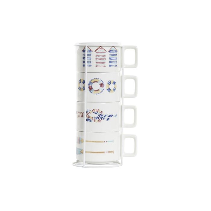 DKD Home Decor Set de 4 Tazas de Café Mediterraneo Dolomite 260 ml Azul Multicolor, Colección Salitre, Apto Microondas y Lavavajillas