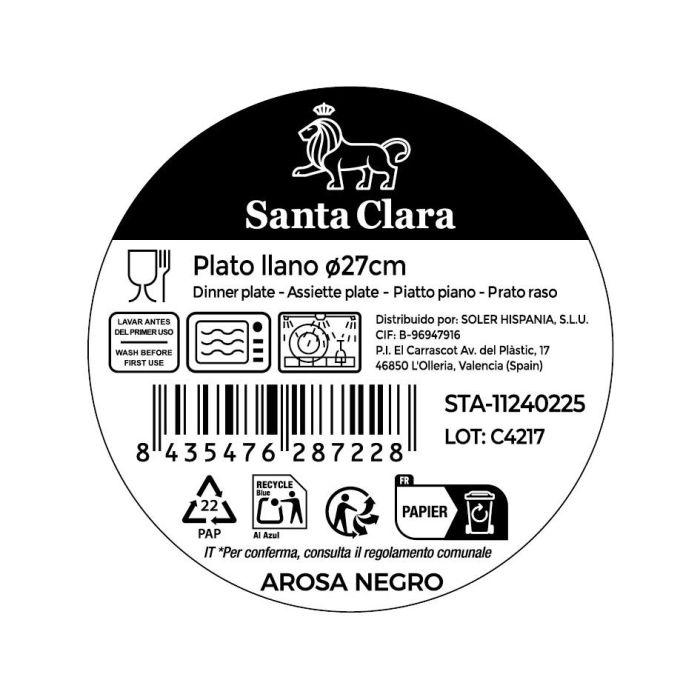 Inde Plato Llano Negro Arosa Serie Clara 27 cm Ø, Pieza de 20 cm, 850 g (12 Unidades)