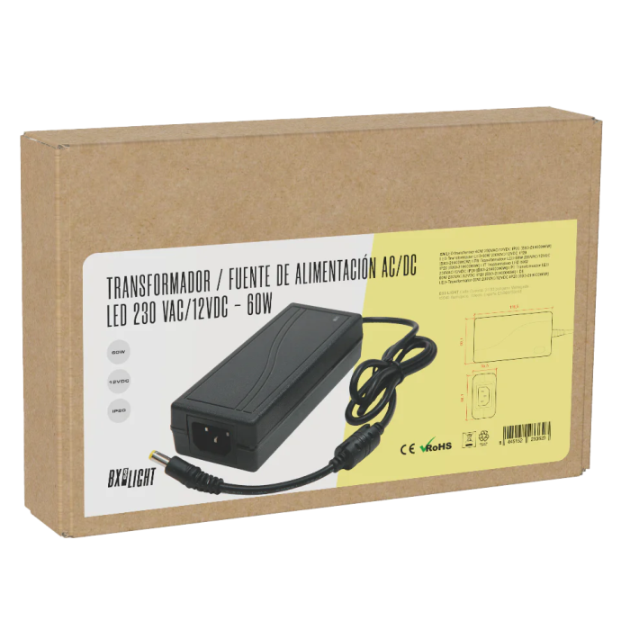 BX3 Light Transformador LED 60W 230VAC/12VDC IP20, Fuente de Alimentación 12V 5A para Tiras LED, Luminarias MR16/G4, Interior