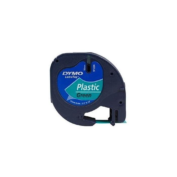 Dymo 91204 Cinta Negro Sobre Verde, 12 mmx4M, Plástico para Rotuladora Letratag