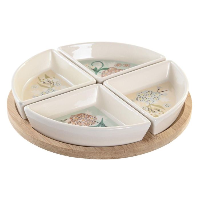 DKD Home Decor Aperitivo Tradicional de Gres y Bambú, Verde, Beige y Blanco, Set de 5 Piezas, 21.5x21.5x1 cm, Apto Lavavajillas