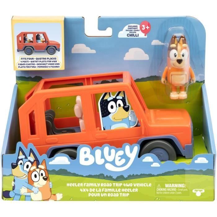Moose 4x4 Familia Bluey 17661 Todoterreno con Figura Articulada de Chilli para Viajes por Carretera, Incluye 4 Figuras Bluey, +3 Años