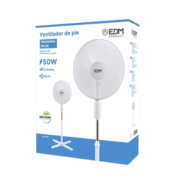 Ventilador de pie. color blanco. potencia: 45w aspas: ø40cm altura regulable 110-130cm edm 3