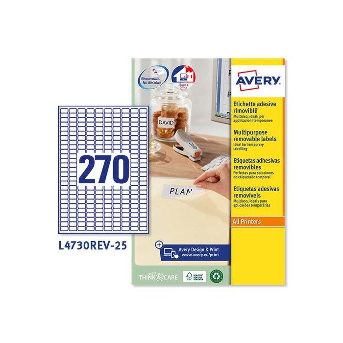 Etiquetas Adh.Impr.Avery A4 Blanca C.Romos Removible Caja 25H 17,8X10 Mm 6.750 Uds.(L4730Rev)