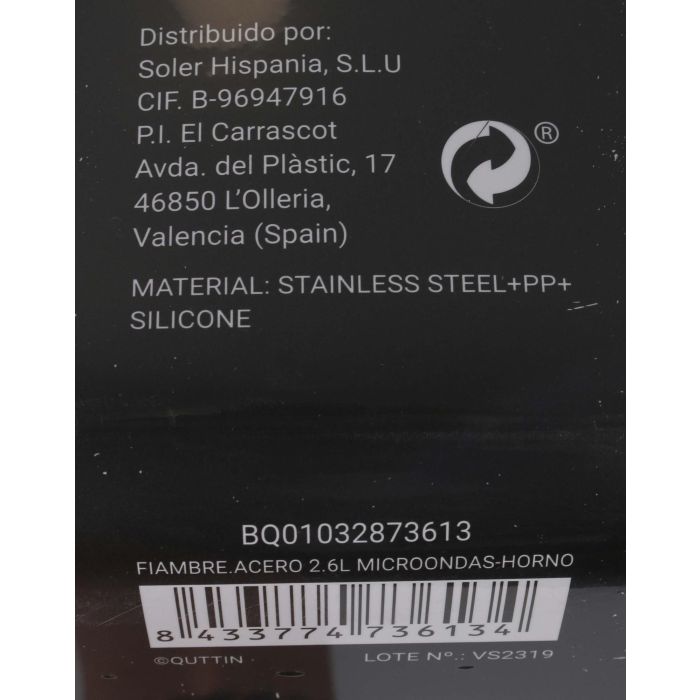 Quttin Fiambre Acero 2.6L para Microondas y Horno 23 cm x 17.9 cm x 11.6 cm (12 Unidades)