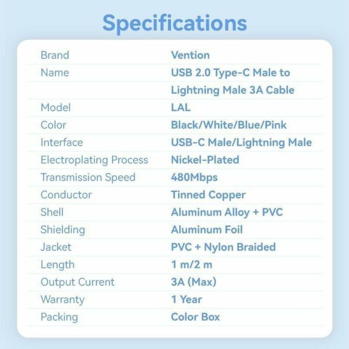 Cable USB a Lightning Vention LALBF 1 m 2 Cable USB a Lightning Vention LALBF 1 m 2
