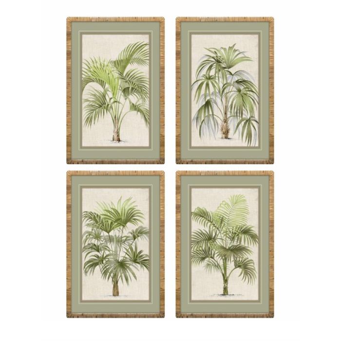 DKD Home Decor Cuadro de Palmera Tropical Verde y Natural (4 Unidades) de Ratán y Cristal 60 x 40 cm