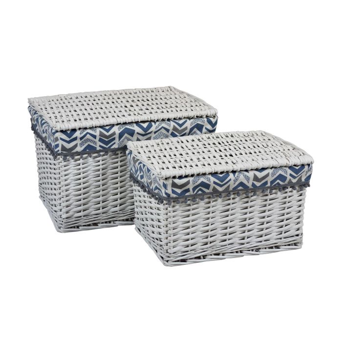 DKD Home Decor Cesta de Mimbre y Poliéster Blanco y Azul, Set de 2, Ancho 45 cm, Largo 35 cm, Alto 30 cm, Peso 1 kg