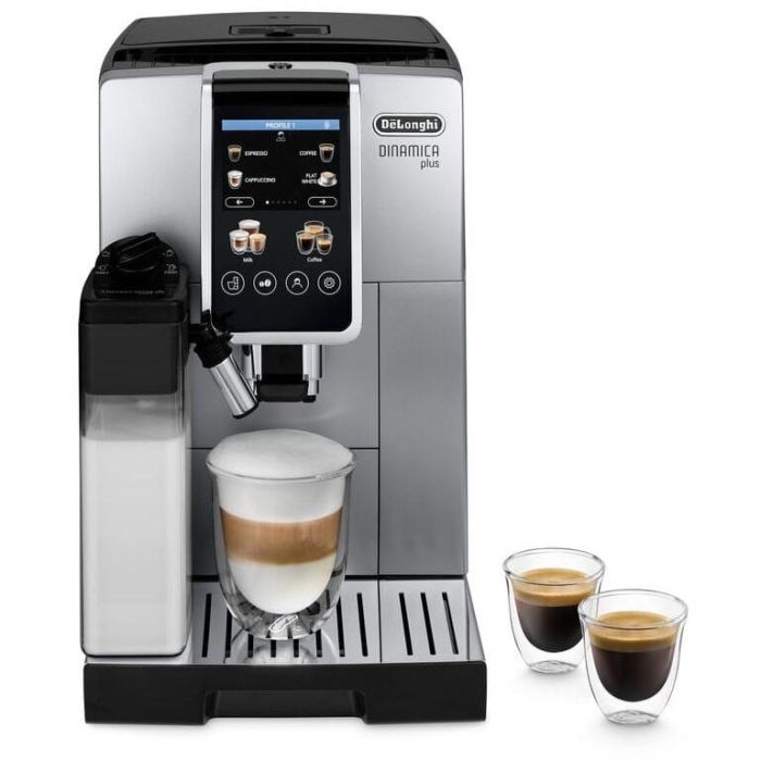 DeLonghi Máquina espresso Dinamica ECAM 380.85.SB, Totalmente automática, 1.8 L, Molinillo integrado, Negro, Plata