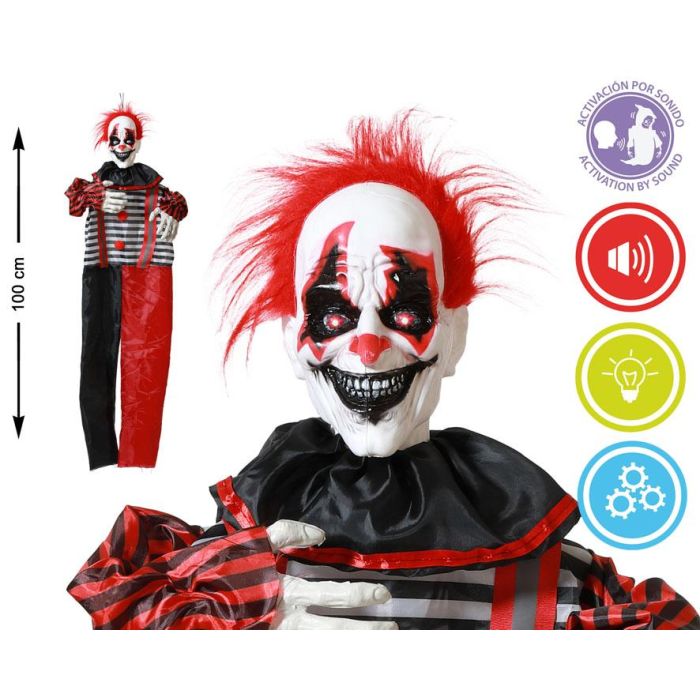 Payaso Colgante Terror 100 cm con Pelo Rojo, Traje de Rayas, Luz y Sonido para Halloween