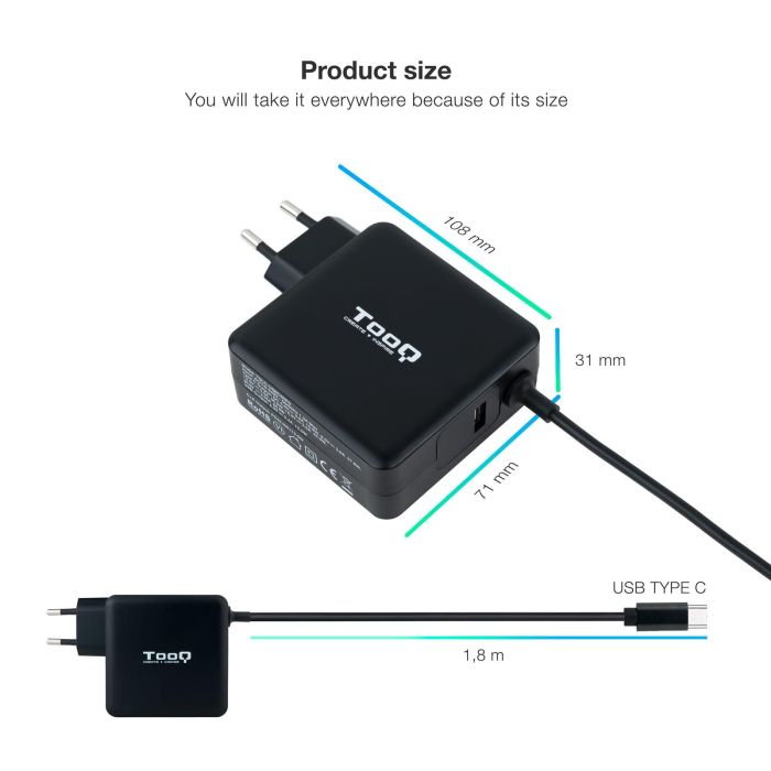 Cargador de Portátil TooQ TQLC-USBC65PD USB Tipo-C/ 65W/ Automático/ Voltaje 5-20V 1 Cargador de Portátil TooQ TQLC-USBC65PD USB Tipo-C/ 65W/ Automático/ Voltaje 5-20V 1