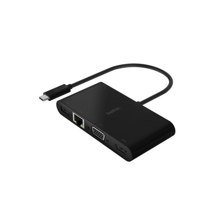 Belkin AVC004BTBK Adaptador USB-C a USB-A 3.0, Ethernet, VGA, HDMI 4K + Carga 100W, color negro
