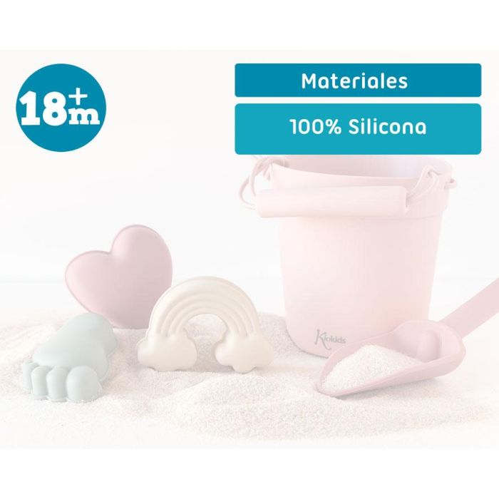Kiokids Set de Juego de Playa 100% Silicona Rosa 5 Piezas (Cubo, Pala, 3 Figuras) | Suave, Seguro, Ecológico | +18 Meses 5