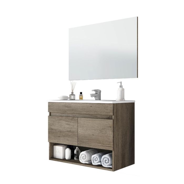 Forés/Arkit Mueble suspendido para baño, 2 puertas + espejo, marrón nordik, melamina y PVC, 80x45x64 cm 1