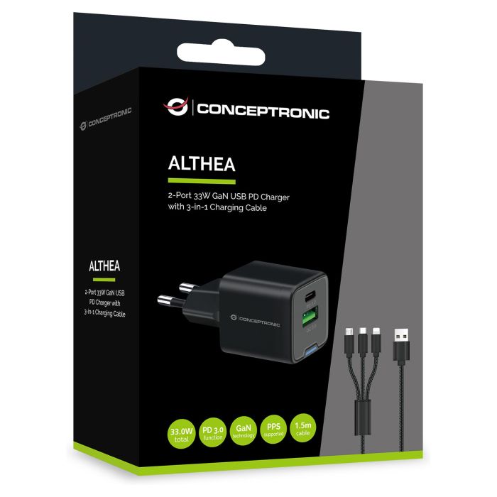Conceptronic Cargador Pared Althea16B 33W Negro Universal 2 Puertos 2
