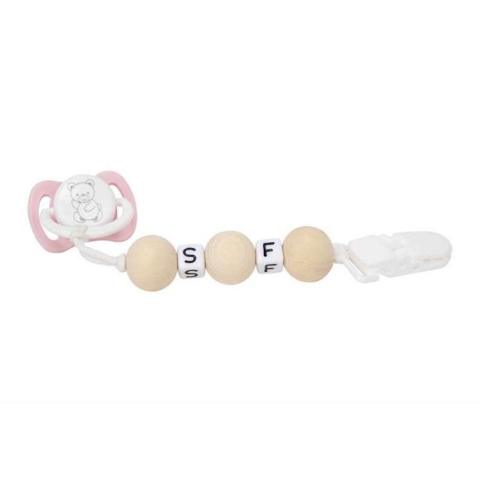 Muñecas Arias Set Chupete Rosa/Blanco con Cadena de Bolas de Madera y Pinza Blanca 5 Muñecas Arias Set Chupete Rosa/Blanco con Cadena de Bolas de Madera y Pinza Blanca 5