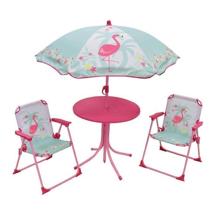 Fun House 713088 Flamant Rose Set de Muebles de Jardín para Niños: Mesa Redonda, 2 Sillas Plegables y Sombrilla 1