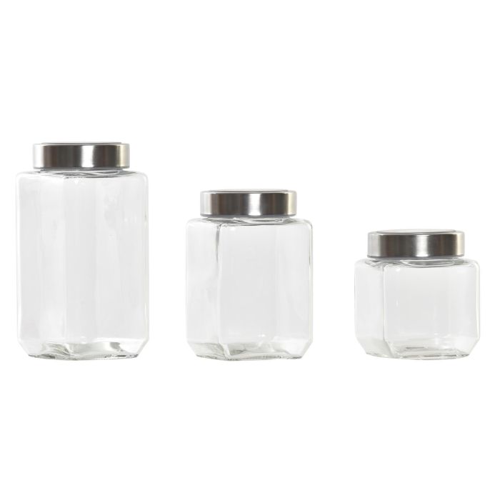 DKD Home Decor Set de 3 Botes de Cocina de Cristal y Acero Inoxidable Transparentes y Plateados, 750ml/500ml, 8.5x8.5x18cm 0 DKD Home Decor Set de 3 Botes de Cocina de Cristal y Acero Inoxidable Transparentes y Plateados, 750ml/500ml, 8.5x8.5x18cm 0