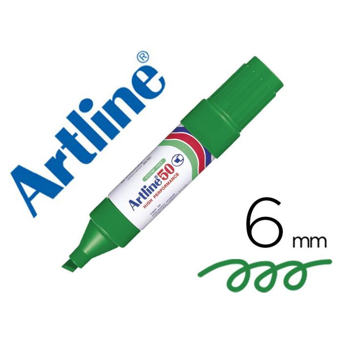 Artline Rotulador Permanente EK-50 Verde Punta Biselada 6 mm para Papel, Metal y Cristal