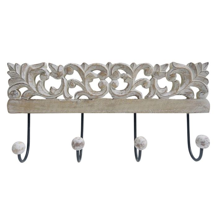 DKD Home Decor Perchero Indio Madera Mango y Metal Blanco Natural 4 Ganchos 6.5x19x40 cm Pack 2 Unidades