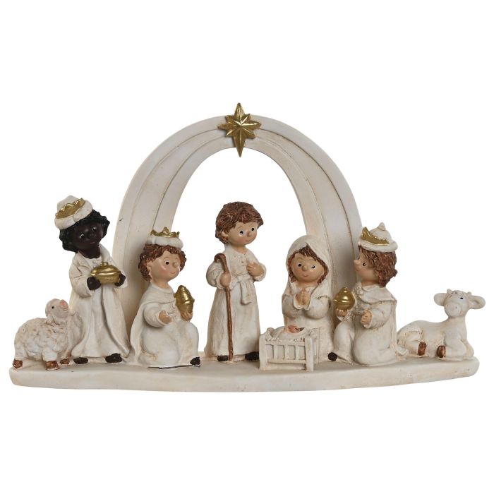 DKD Home Decor Nacimiento Navidad Tradicional de Resina Blanco y Dorado, 2 Unidades, Decoración Navideña, Alto 14.5 cm, Ancho 25 cm
