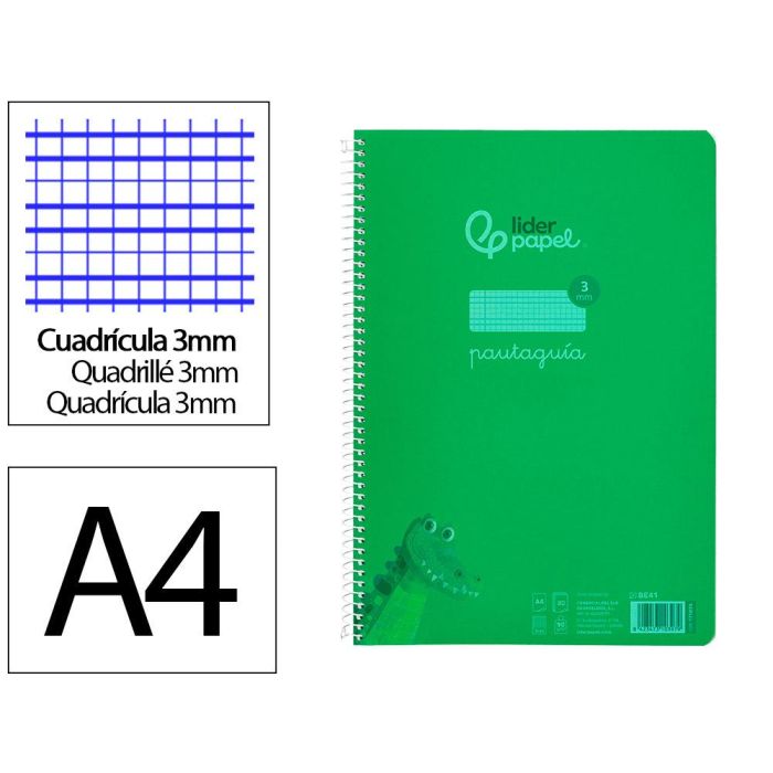 Cuaderno Espiral Liderpapel Din A4 Pautaguia Tapa Plastico 80H 90 gr Cuadro Pautado 3 mm Con Margen Color Verde 4 unidades