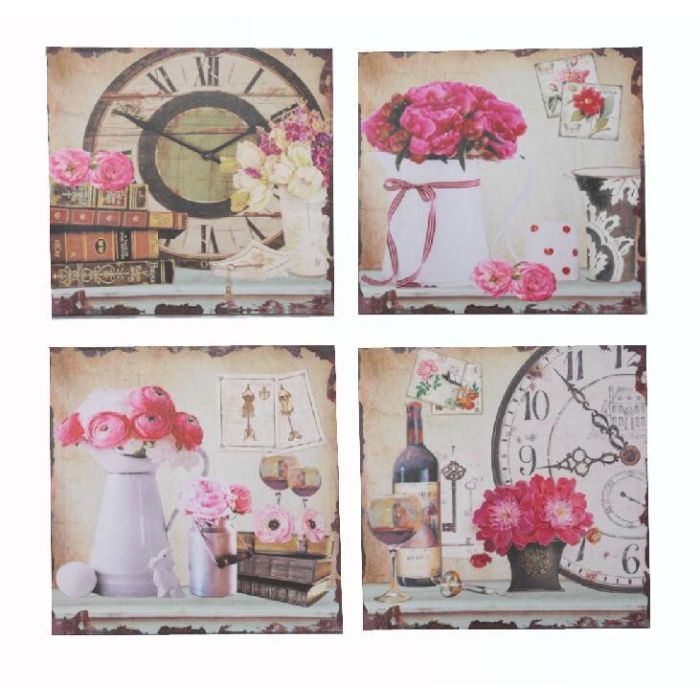 Cuadro Romantico DKD Home Decor Beige Rosa 1.8 x 40 x 40 cm (4 Unidades)