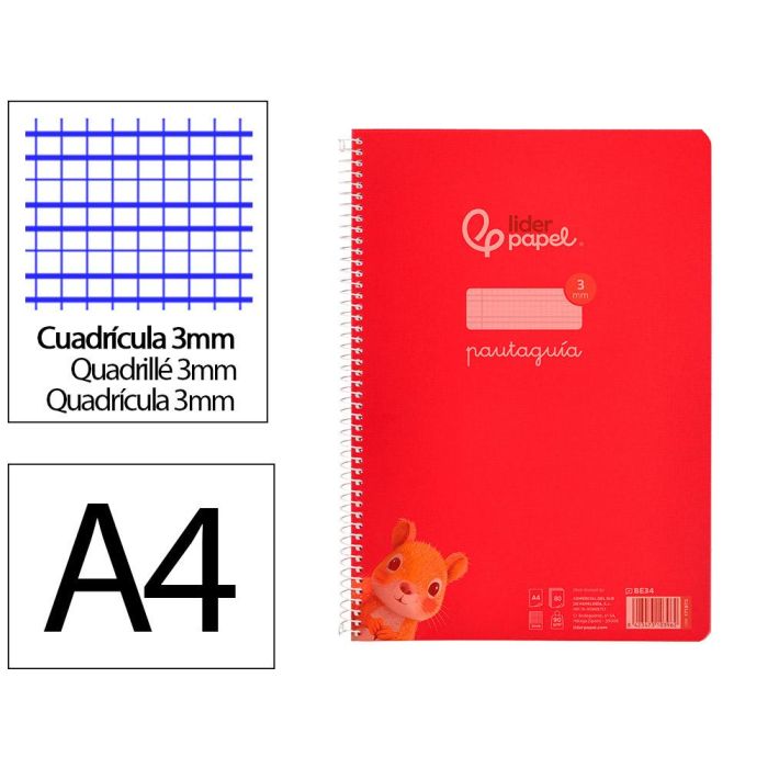 Cuaderno Espiral Liderpapel Din A4 Pautaguia Tapa Plastico80H 90 gr Cuadro Pautado 3 mm Con Margen Color Rojo 5 unidades