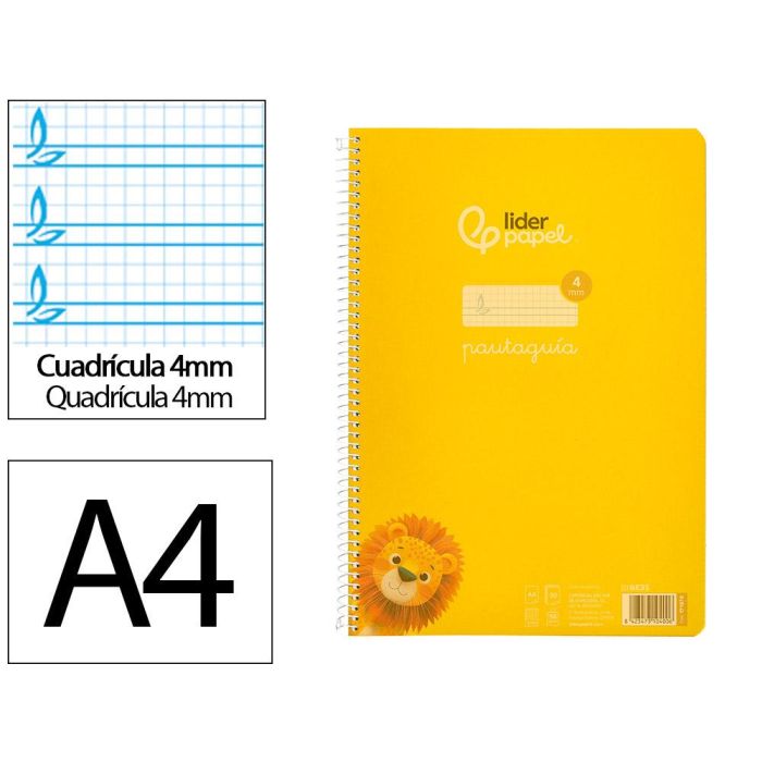 Cuaderno Espiral Liderpapel Din A4 Pautaguia Tapa Plastico80H 90 gr Cuadro Pautado 4 mm Con Margen Color Amarillo 5 unidades