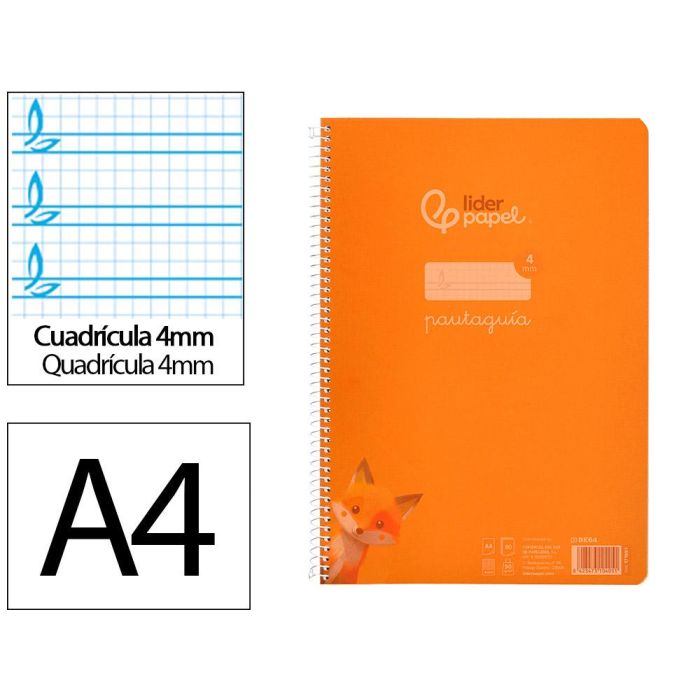 Cuaderno Espiral Liderpapel Din A4 Pautaguia Tapa Plastico80H 90 gr Cuadro Pautado 4 mm Con Margen Color Naranja 5 unidades