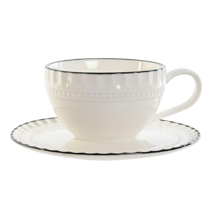 Taza Set Plato Tradicional DKD Home Decor Blanco Negro 12.5 x 5.3 x 12.5 cm (6 Unidades)