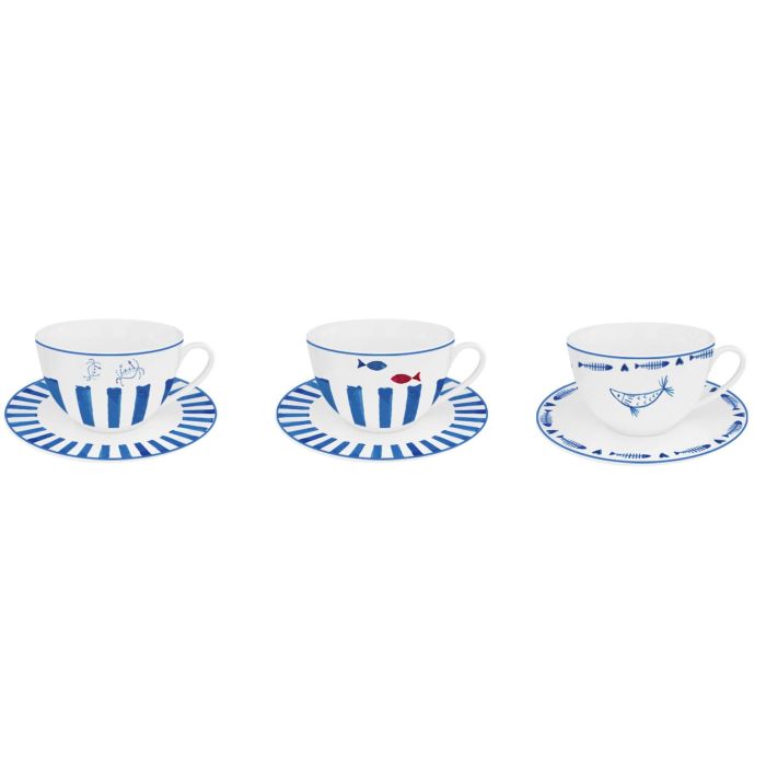 Taza Set Plato Atlantico DKD Home Decor Azul Blanco 9 x 7 x 12 cm (6 Unidades)