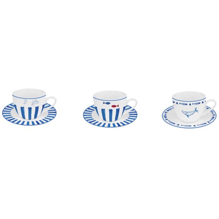 Taza Set Plato Atlantico DKD Home Decor Azul Blanco 6 x 5 x 8.5 cm (6 Unidades)