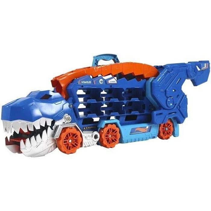 Camión hot wheels city t-rex definitivo. dinosaurio transporte y pista para coches de juguete. incluye 2 vehiculos.