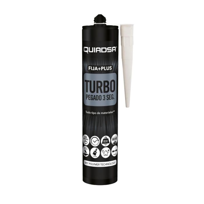 Quiadsa Fija + Plus Turbo 290 ml - Adhesivo Elástico de Polímero, Sujección Inmediata 3s, Secado 20min, Resistente al Moho, Blanco