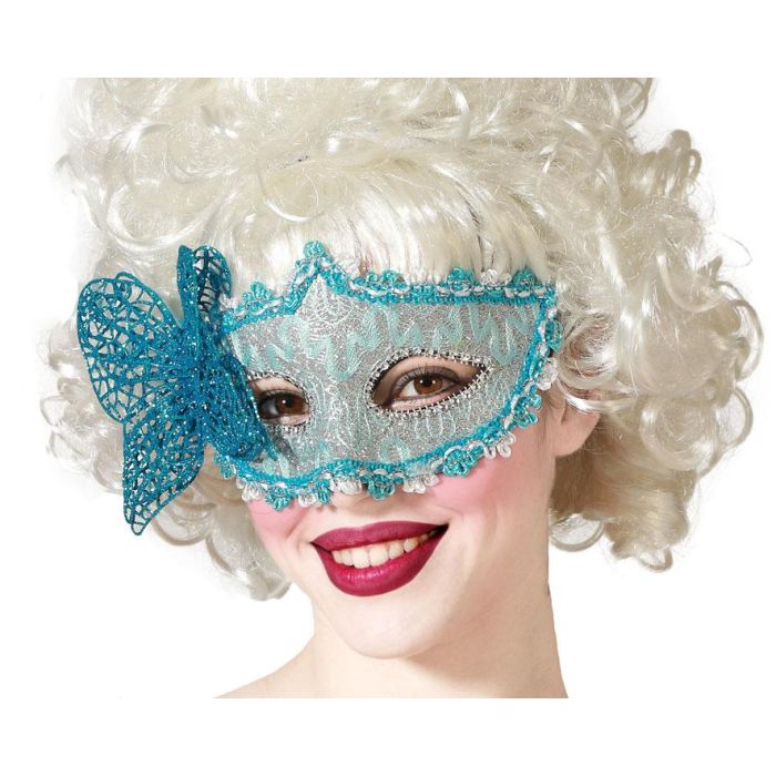 Máscara Veneciana Antifaz Azul Mariposa Mujer Adulto Plateada Fantasiosa Brillante Ideal para Disfraces y Eventos