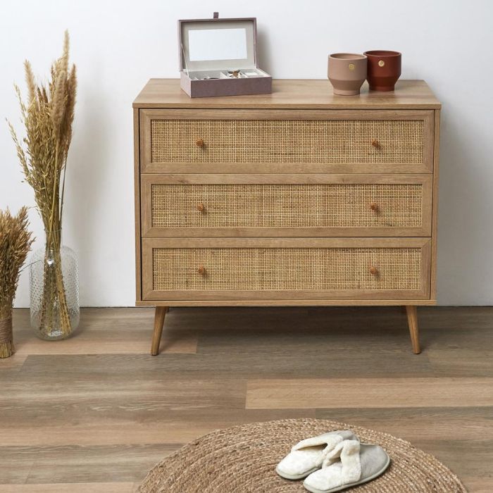 Home Deco Factory Cómoda Natural 3 Cajones Madera Ratán 90x39x79 cm 3