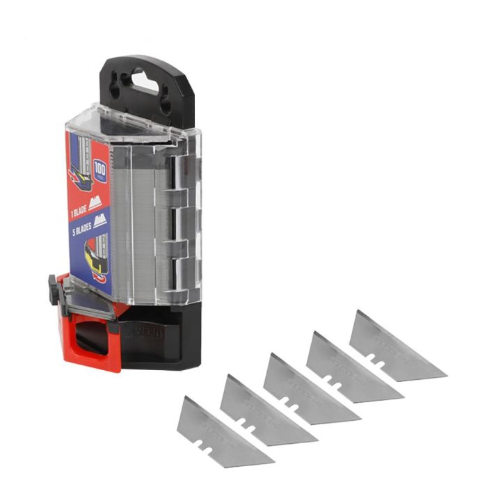 Workpro Cuchillas trapezoidales 100 unidades SK2, tratamiento térmico, compatibles con mayoría de cúter plegables, para cartón y plástico, incluye dos dispensadores 5