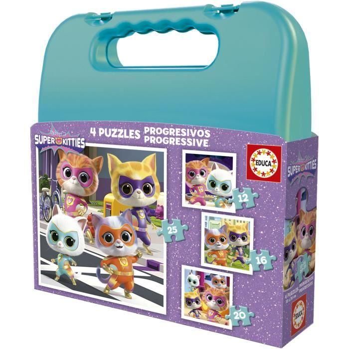 EDUCA EDU8412668203419 - Estuche Rompecabezas Progresivo SuperKitties - 12, 16, 20, 25 Piezas para Niños