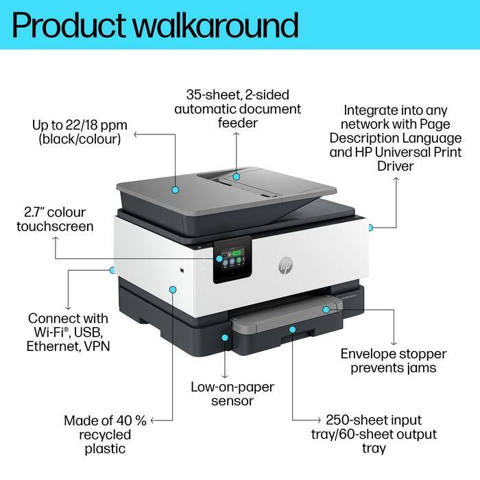 HP 4V2N0B OfficeJet Pro 9120b Impresora Multifunción Profesional 4-en-1 Inyección Tinta Color WiFi Dúplex ADF 20ppm Bandeja 250 hojas Cemento 5