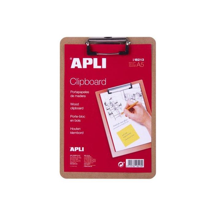 Apli Carpeta con Pinza de Alambre Superior A5, Base de Madera, 155x225 mm