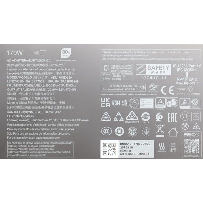 Lenovo Slim 170W AC adapter, 20V output, 8.5A current, compatible with Lenovo ThinkPad mobile workstations. 11