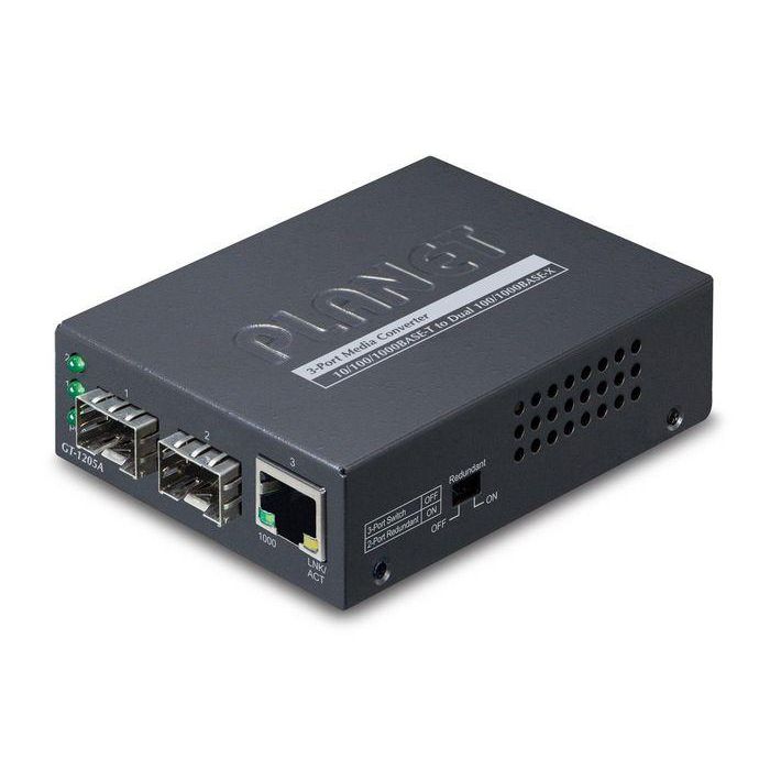 Planet GT-1205A Convertidor de Medios Gigabit 10/100/1000BASE-T a Dual 100/1000BASE-X SFP Planet GT-1205A Convertidor de Medios Gigabit 10/100/1000BASE-T a Dual 100/1000BASE-X SFP