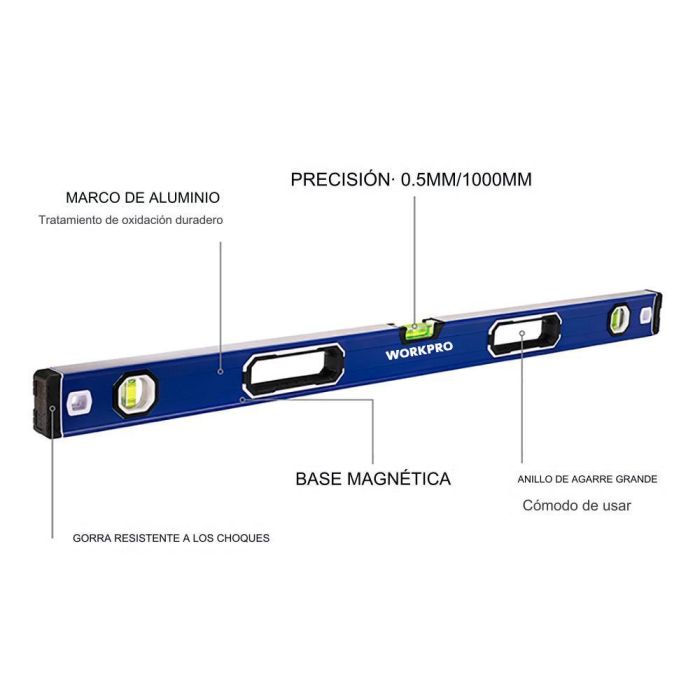 Workpro Nivel de Burbuja Magnético 60 cm para Construcción con 3 Viales, Precisión 0.5mm/1m, Aleación de Aluminio Azul 7 Workpro Nivel de Burbuja Magnético 60 cm para Construcción con 3 Viales, Precisión 0.5mm/1m, Aleación de Aluminio Azul 7