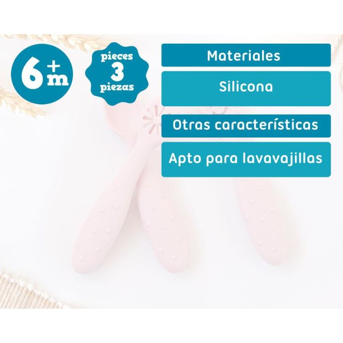 KioKids Set de 3 Cubiertos de Silicona Rosa para Bebé Lovely Friends, Pre-Cuchara, Cuchara y Pre-Tenedor, +6 Meses, 11 cm